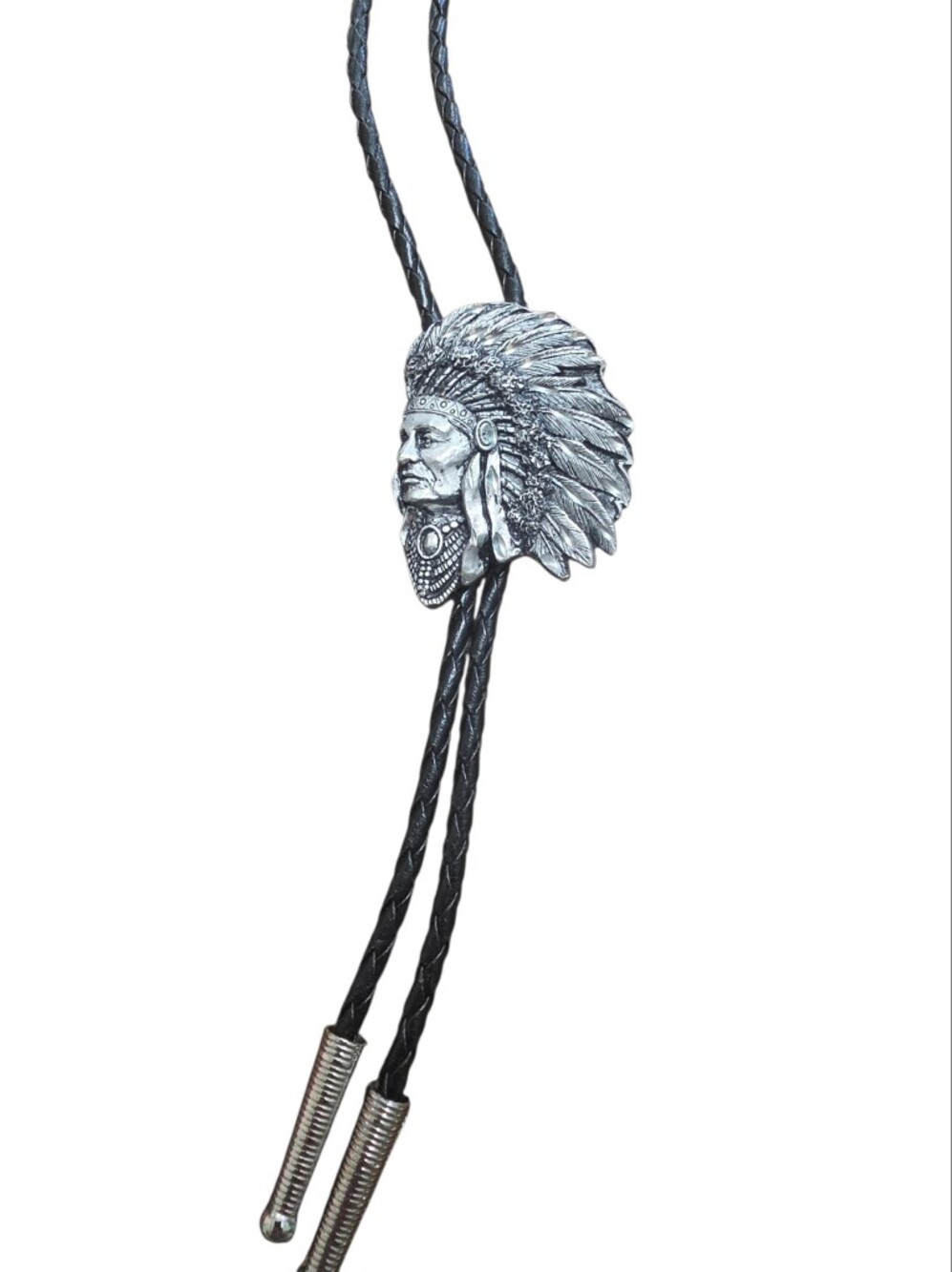 Siskiyou 1994 Braided Leather Pewter Warrior War Chief Headdress Bolo Tie
